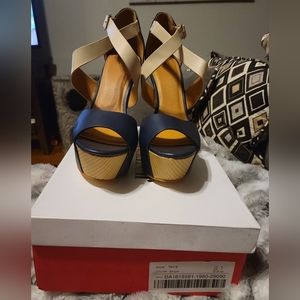 JustFab Navy and Tan Wedges